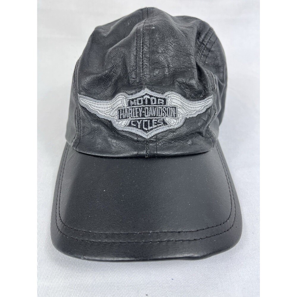 VTG 90s Harley-Davidson Black Leather 5-Panel Hat Wing Logo Motorcycle Cap